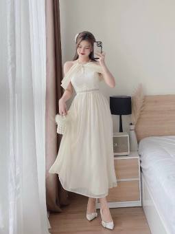 Đầm Nữ Voan Chingfon Rớt Vai Phối Viền Cổ Và Eo LONG Mart Màu Sắc Nhã Nhặn Thật Sự Phù Hợp Để Tới Công Sở, Đi Làm Hoặc Đi Chơi,Free Size Dưới 55kg,Phù Hợp Mọi Với Mọi Phong Cách.