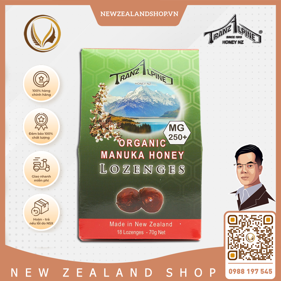 Kẹo ngậm giảm ho, đau họng MG250+ Organic Manuka Honey Lozenges 6 Viên