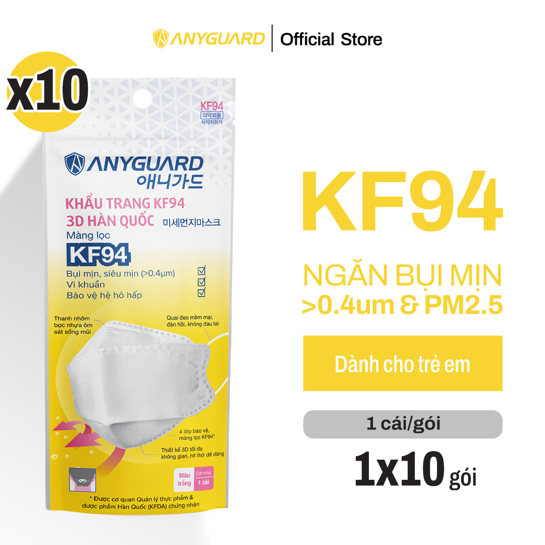 Khẩu Trang Y Tế Ngăn Bụi Mịn Cho Bé 3-8 Tuổi Chính Hãng ANYGUARD Hàn Quốc, 4 Lớp Kháng Khuẩn, Form 3D, Quai Đeo Đàn Hồi, Màu Trắng Combo 10 Cái