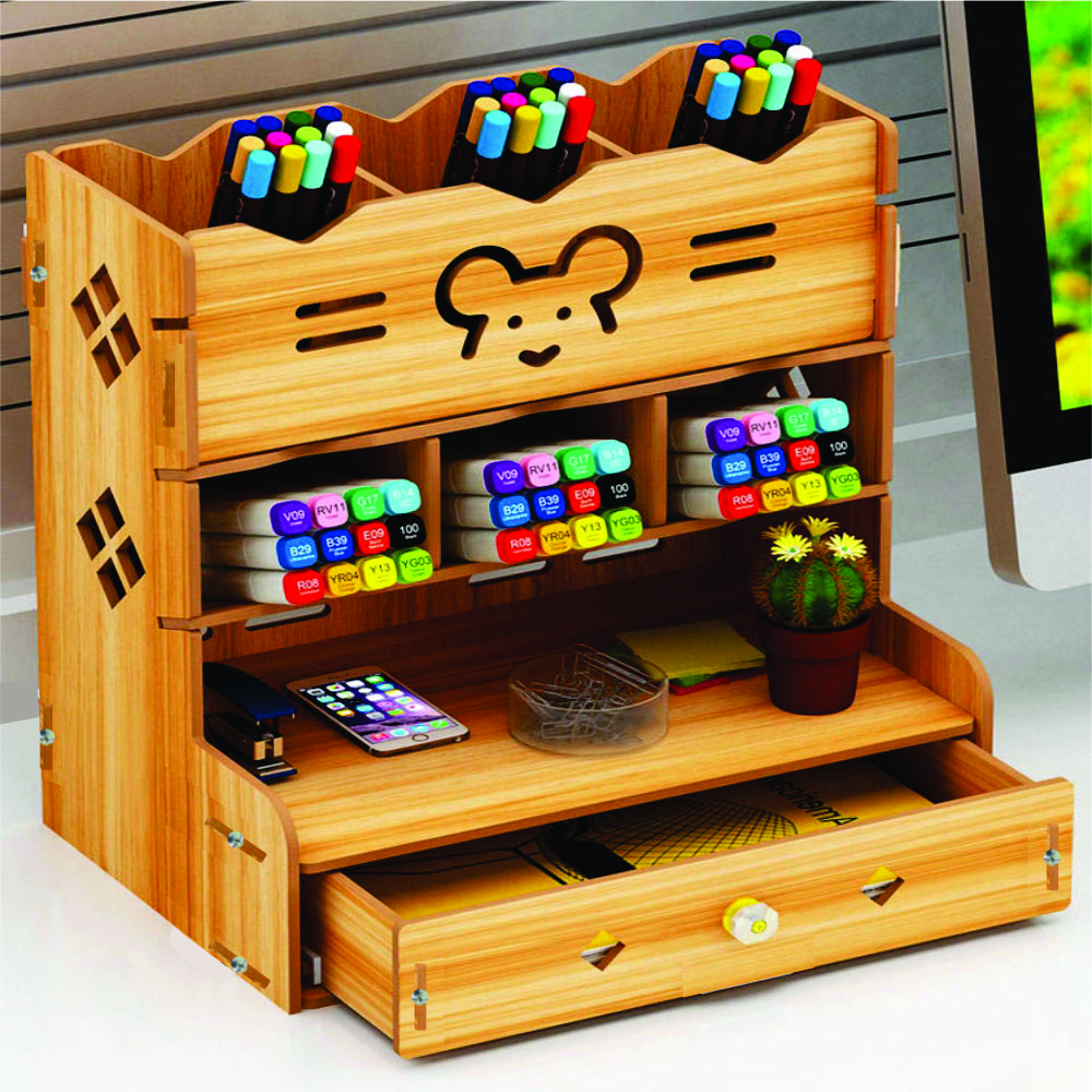 Hộp bút để bàn kệ đựng bút bằng gỗ HV10 - Tặng giá để điện thoại hình con thỏ bằng gỗ