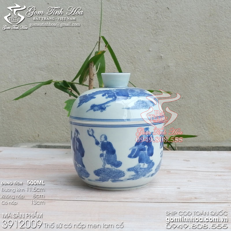Thố chưng yến thố tiềm canh gốm sứ Bát Tràng men lam cổ vẽ bát tiên