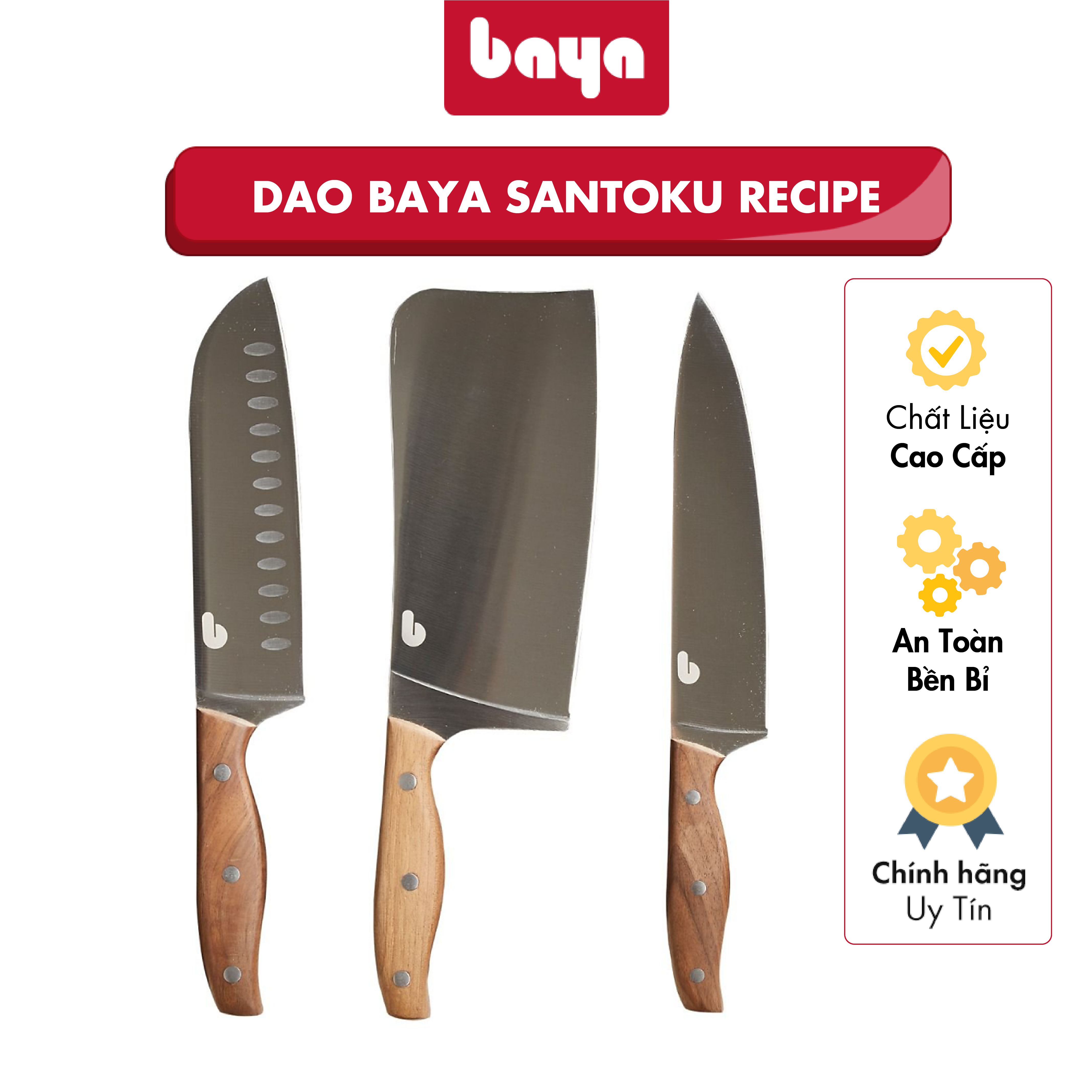 Dao đầu bếp thái, gọt, chặt thịt cao cấp baya recipe lưỡi dao thép không gỉ tay cầm gỗ óc chó giúp chặt, cắt hoặc băm thịt dễ dàng
