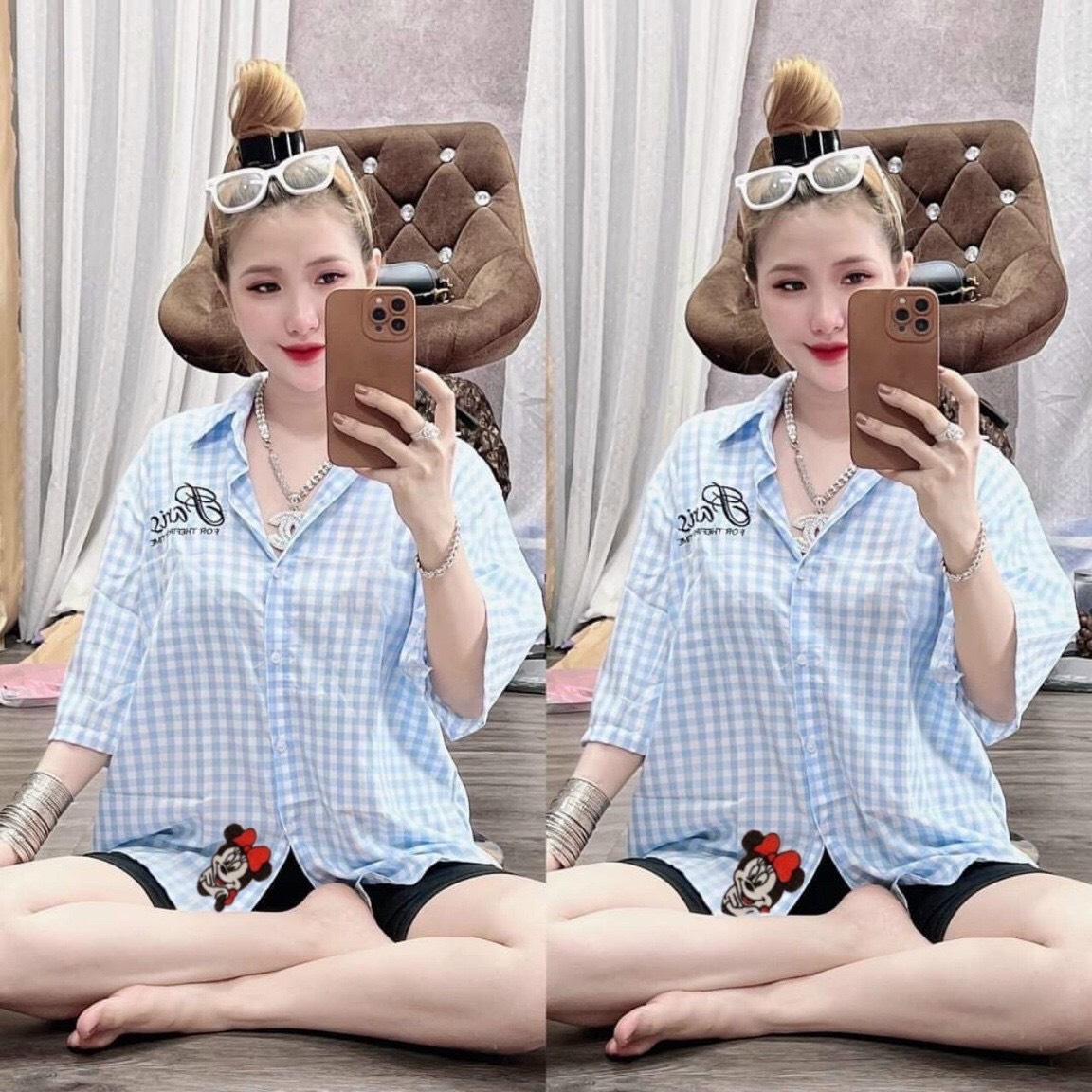   Voucher 50k Freeship Max 0 đồng toàn quốc  Set bộ nữ áo sơ mi kẻ caro áo sơ mi form rộng quần ngố quần đùi nữ set bộ ngố nữ caro in hình micky dễ thương thoải mái 