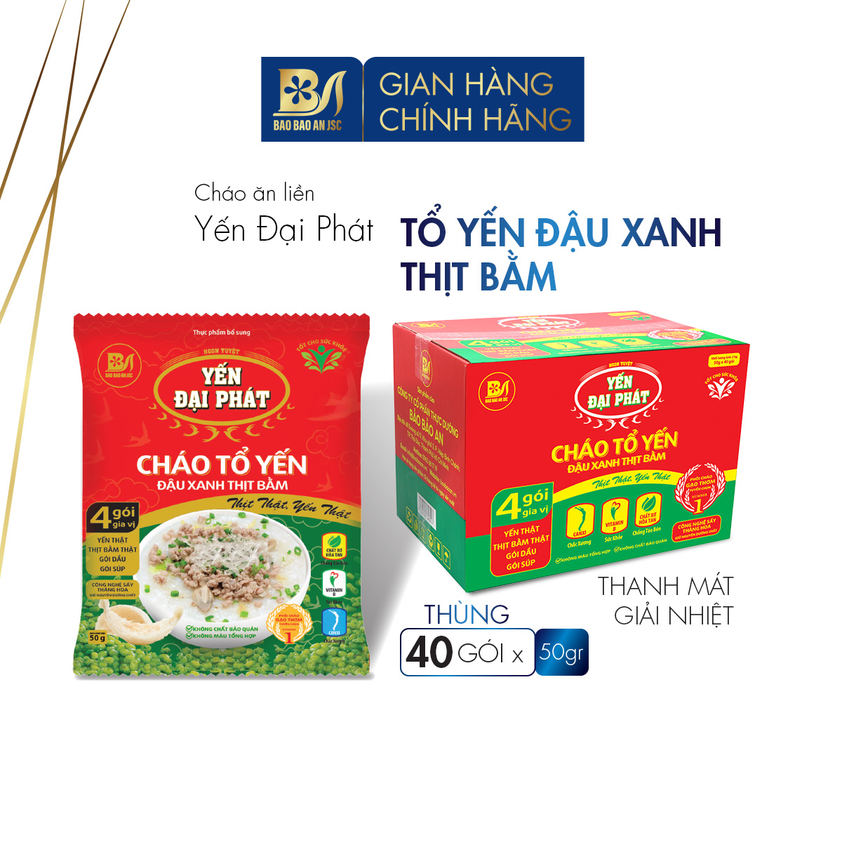 Cháo Tổ Yến Đậu Xanh Thịt Bằm - Thùng 40 Gói x 50g - YẾN ĐẠI PHÁT