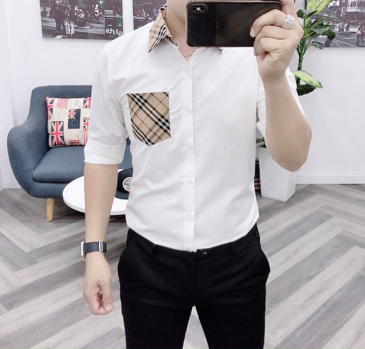 Kman Áo sơ mi quảng châu kata lụa cao cấp phối túi 033