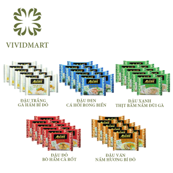 10 gói CHÁO ASIM 5 VỊ ĐẬU: TRẮNG GÀ HẦM BÍ ĐỎ, ĐEN CÁ HỒI RONG BIỂN, XANH THỊT BẰM NẤM ĐÙI GÀ, BÒ CÀ RỐT, VÁN NẤM HƯƠNG