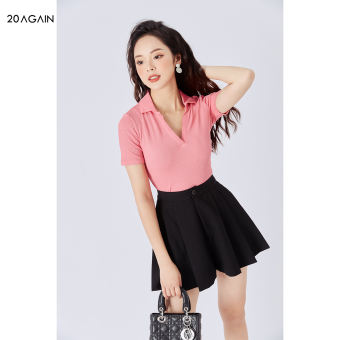 Áo phông nữ cổ tim ngắn tay 20AGAIN, áo thun tăm co giãn, nhiều màu, đủ size ATA1750