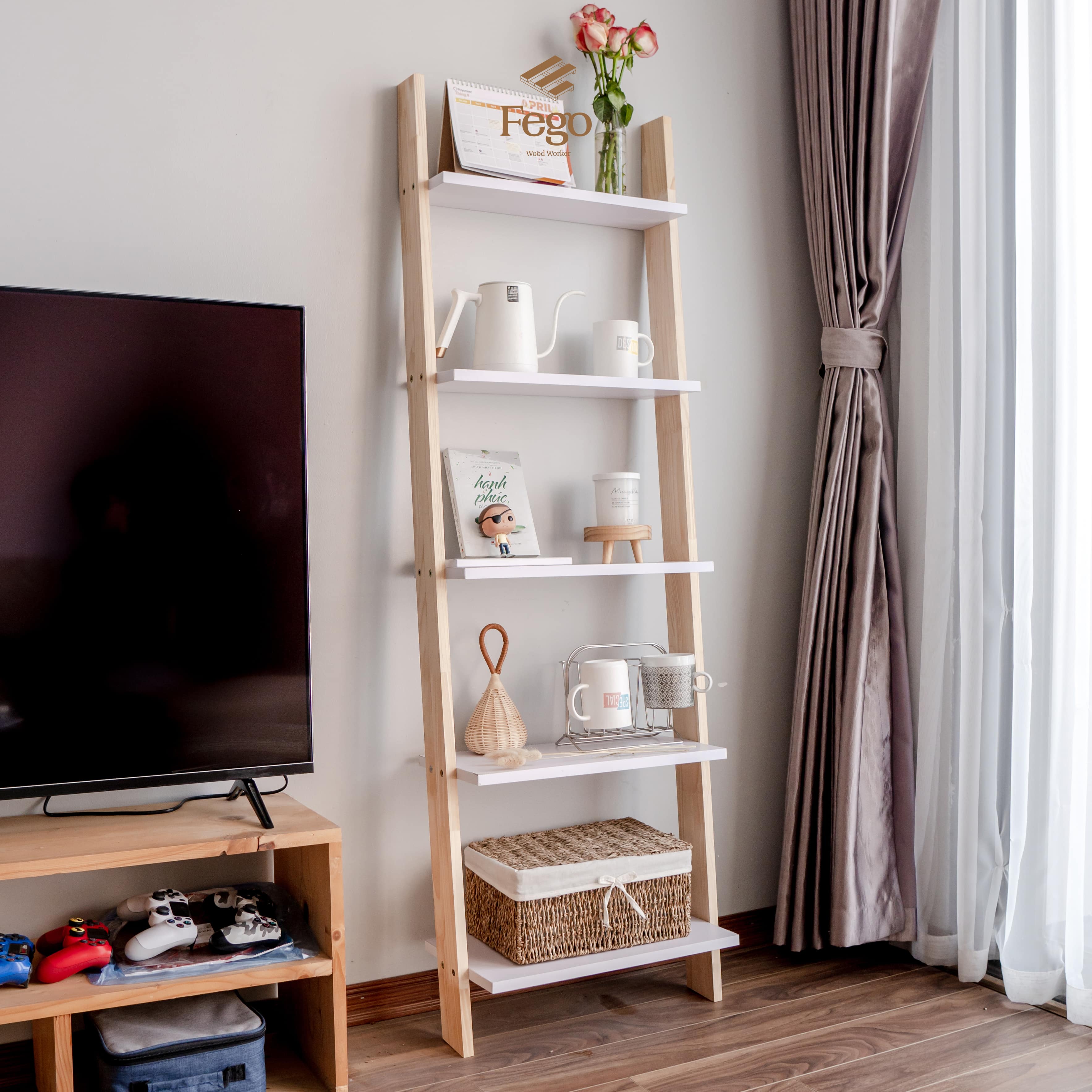 Kệ thang gỗ đa năng/ Kệ sách/ Kệ dựa tường/ Kệ gỗ decor trang trí 5 tầng ngăn trắng