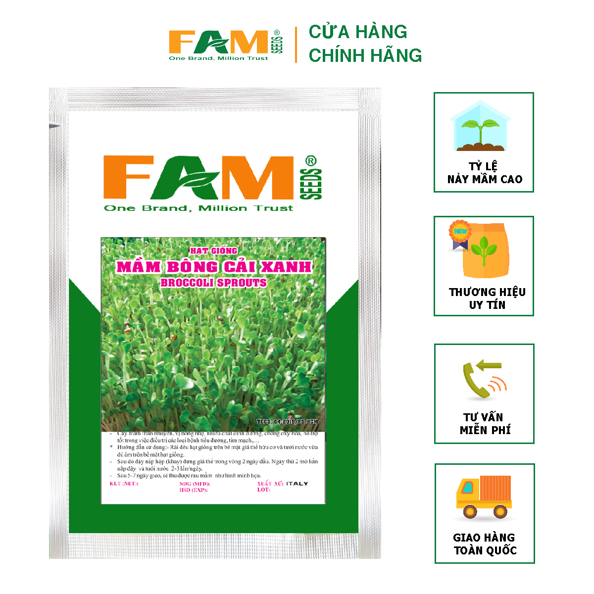 Hạt giống mầm bông cải xanh broccoli fam seeds - gói 1kg - nảy mầm khoẻ, phát triển mạnh