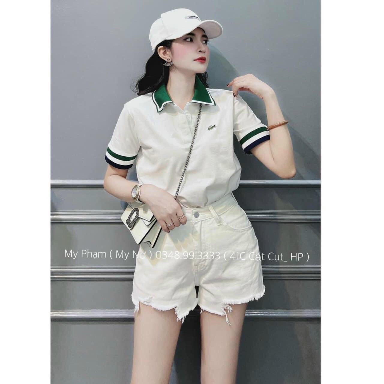 Áo polo nữ trắng cổ xanh, áo thun nữ polo có cổ