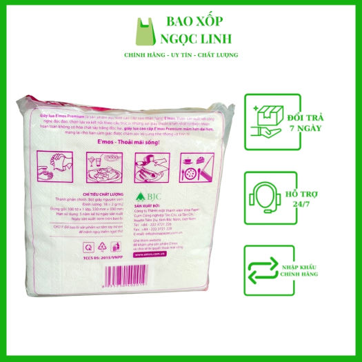 Combo 5 bịch khăn giấy vuông Emos tím đa năng lớn 330*330mm, Bao Xốp Ngọc Linh A40, giấy ăn e’mos premium loại 1, 1 bịch 80 tờ, loại dày tốt, phù hợp với trẻ em, dùng cho gia đình, lau tay, khăn lụa mềm mại