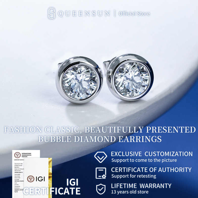 QUEENSUN 18k gold diamond earrings, bubble earrings, round, surrounded by diamonds, sparkling earrings, customized earrings, diamond customized earrings泡泡耳钉