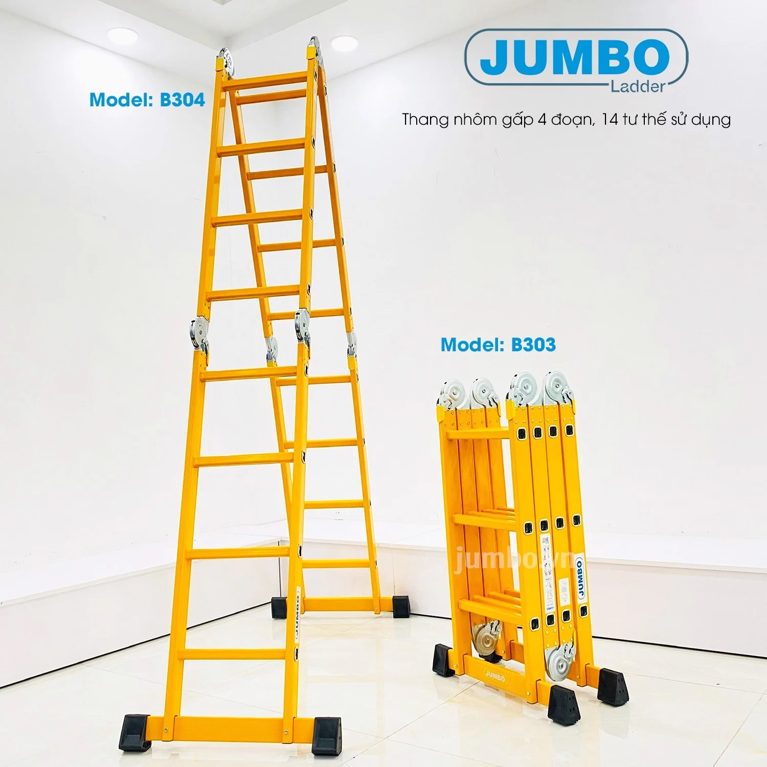 Thang gập 4 đoạn, thang nhôm chữ a jumbo sơn vàng tĩnh điện a: 1.73m-2.35m duỗi thẳng: 3,58m-4.7m jumbo b303, b304 - tải 300kg