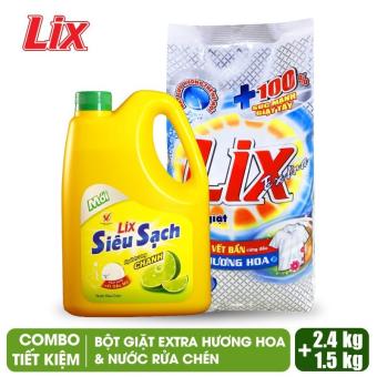 Combo Bột Giặt Lix Extra Hương Hoa 2.4Kg EB024 + Nước Rửa Chén LIX Siêu Sạch Hương Chanh 1.5Kg NS002