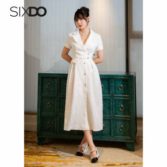 Đầm gấm trắng cổ vest ngắn tay sang trọng SIXDO