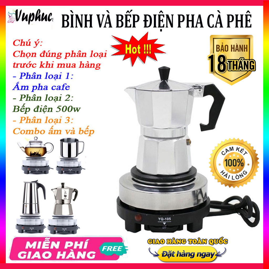 Bình pha cafe Moka Pot 300ml kèm bếp điện - Ấm pha cafe - Bình pha cà phê - Ấm pha cà phê - Ấm pha cafe siêu tốc - Có thể sử dụng là ấm pha trà, ấm pha chè, ấm pha trà mini