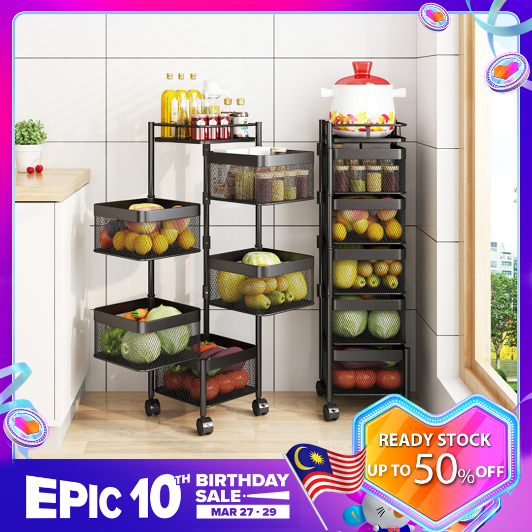 Gambar OTA ?Ready Stock?5 layer stainless steel kitchen rotating rack Movable Fruit Storage Basket Rak Dapur vegetable spice rack storage rack with wheel bathroom rack Bathroom Rack Living Room Rack ????????