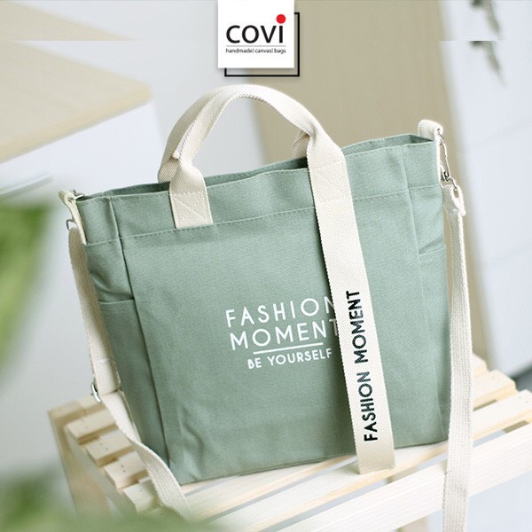 Túi vải Hàn Quốc, túi đeo chéo vải canvas phối chữ fashion moment thời trang Covi nhiều màu sắc T11