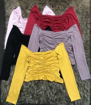 Áo peplum thun cổ vuông nhún tay dài form đẹp chuẩn dáng