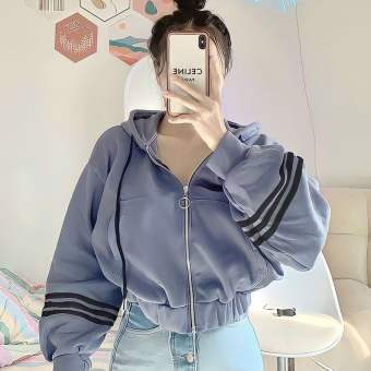 Áo khoác hoodie nữ from croptop freesize Basic phối sọc đáng yêu Gosi nón trùm đầu nỉ loại 1 màu tím, đen, vàng, trắng, xanh