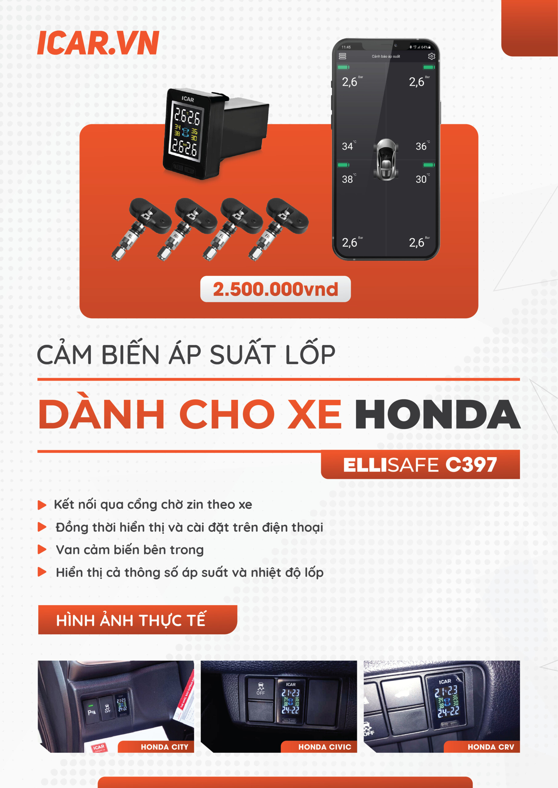 Icar c397 - bộ cảm biến áp suất lốp zin theo xe honda