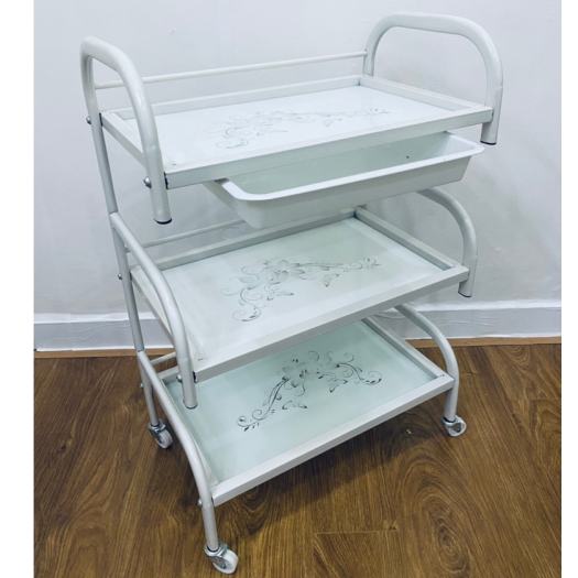 Kệ đựng đồ phun xăm, xe đẩy 3 tầng spa mặt kính hoa văn