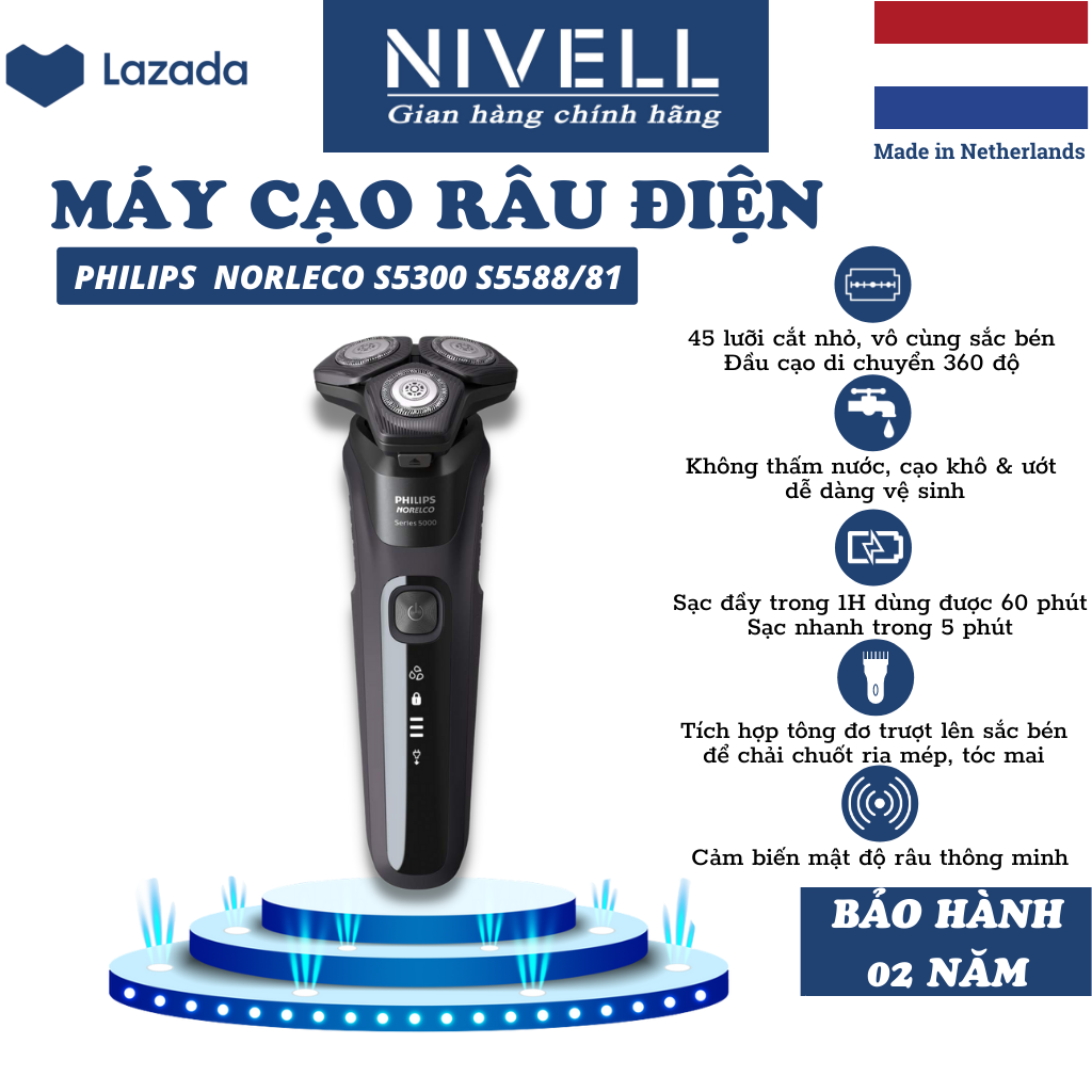 Máy cạo râu Philips Norelco S5300 S5588 3 lưỡi chính hãng đa năng thông minh dành cho nam, cạo khô và ướt, trang bị tông đơ, công suất cao, sạc pin, dễ vệ sinh, màu đen, bảo hành 2 năm toàn quốc