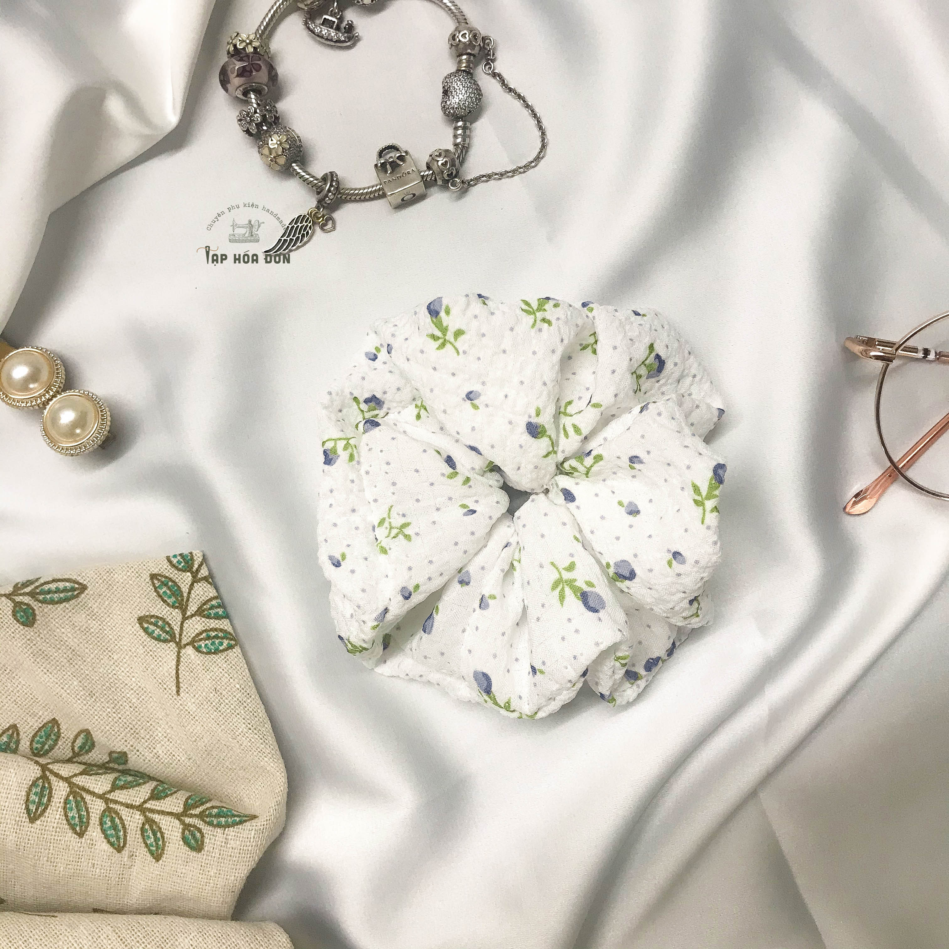 Scrunchies Đũi Linen Hoa Nhí, Dây Buộc Tóc Thời Trang Hàng Thiết Kế