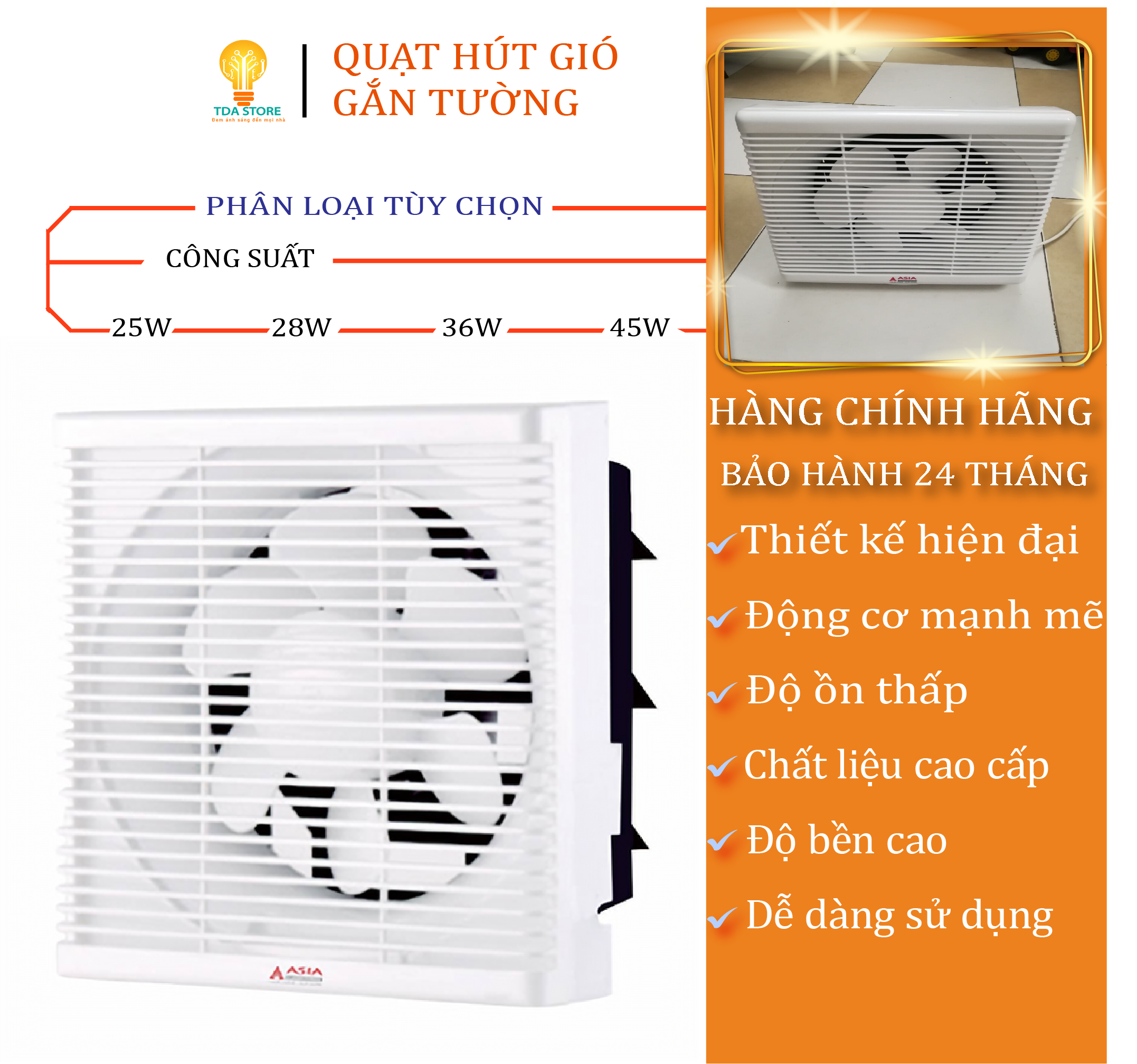 Quạt Hút Thông Gió Gắn Tường Asia Động Cơ Mạnh Mẽ Độ Ồn Thấp Bảo Hành 24 Tháng