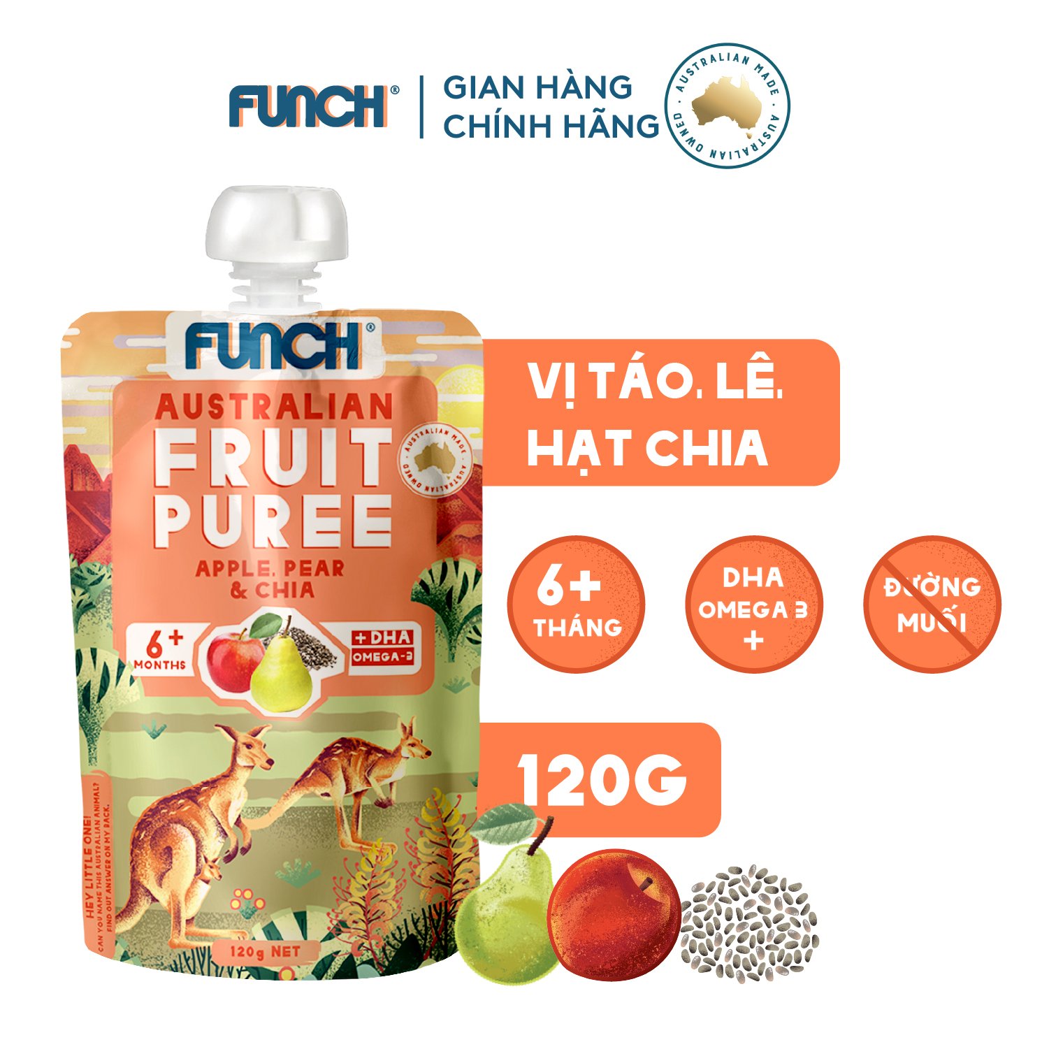 (Date mới 2023) Trái Cây Nghiền Úc Mix Hạt Dinh Dưỡng Cho Bé từ 6 Tháng FUNCH bổ sung DHA Vị Táo, Lê, Hạt Chia 120g
