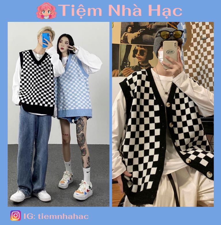 Áo gile kẻ caro vintage, áo không tay len co dãn, có bigsize phong cách softboy, gi-lê nam nữ