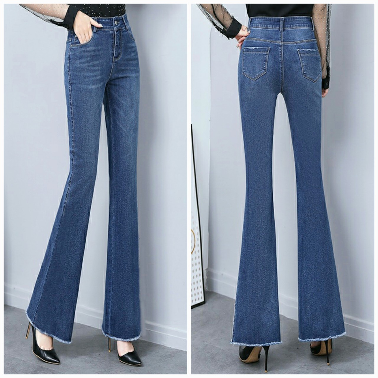 Quần jeans nữ quần bò nữ ống bass lai tuan cotton 100% co giãn 4 chiều xuất khẩu cao cấp