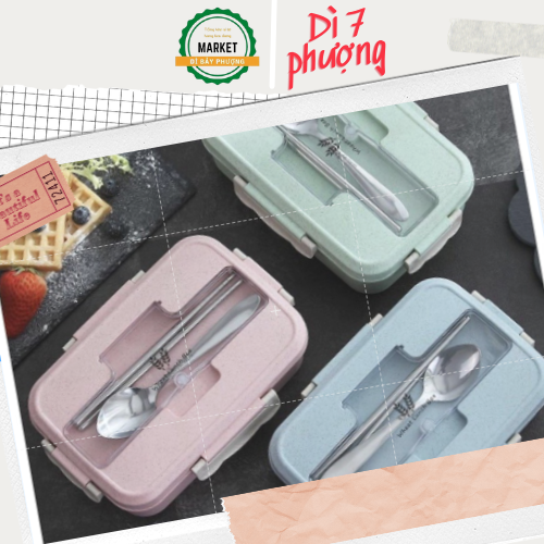 [HCM][Giá Siêu Sốc] Hộp Cơm Lúa Mạch 3 Ngăn Có kèm Muỗng Đũa Inox