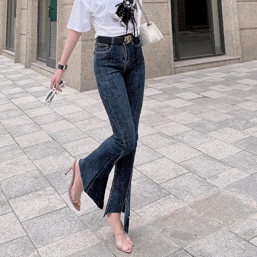 Quần jean nữ ống loe JEANNY Jeans xẻ gấu hack dáng, quần bò nữ cạp cao siêu hot 849
