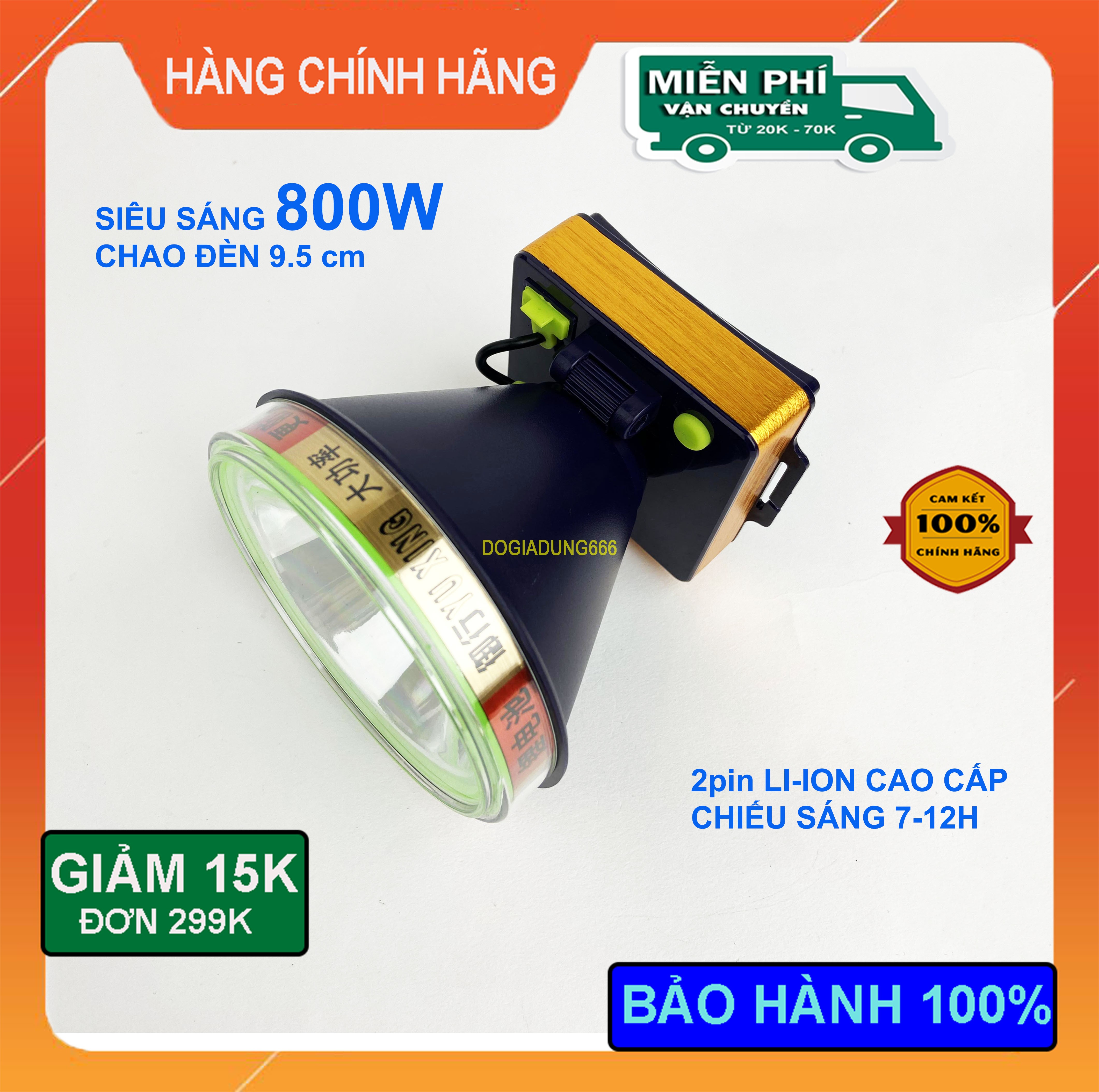 Đèn pin đội đầu siêu sáng A366 bóng led 800W pin khủng chống nước ánh sáng trắng và vàng đèn đeo đầu soi ếch đi rừng dã ngoại