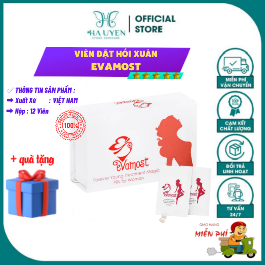 Viên đặt hồi xuân Evamost (hộp 12 gói) HA42 phục hồi, trẻ hóa, se khít cô bé, cân bằng độ pH ngăn ngừa viêm nhiễm - HÀ UYÊN