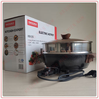 Nồi lẩu điện đa năng chiên xào hầm hấp Hasuka HSK 355 chất liệu cao cấp tay cầm vân gỗ sang trọng chống nhiễm giật điện men chống dính an toàn sức khỏe ( TẶNG KÈM XỬNG HẤP INOX CHẤT LƯỢNG )