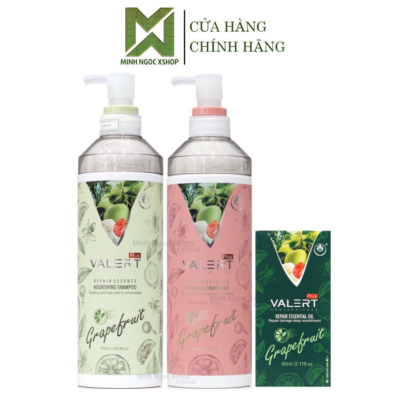Combo dầu gội bưởi - dầu xả bưởi, dầu cặp Valert Grapefruit 850ml tặng tinh dầu bưởi 60ml chống rụng kích mọc tóc