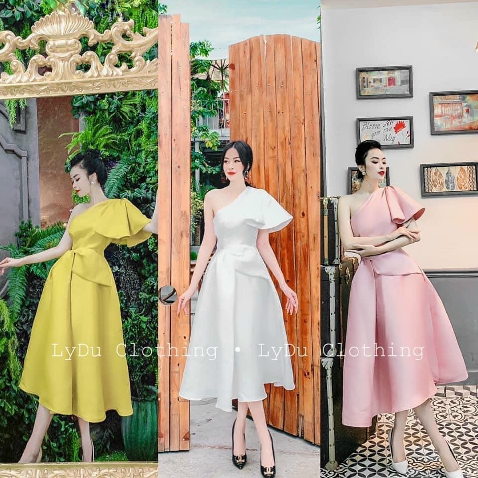 Đầm tapta có mút dự tiệc lệch vai dúm bèo ôm eo kiểu xòe công chúa sang xinh