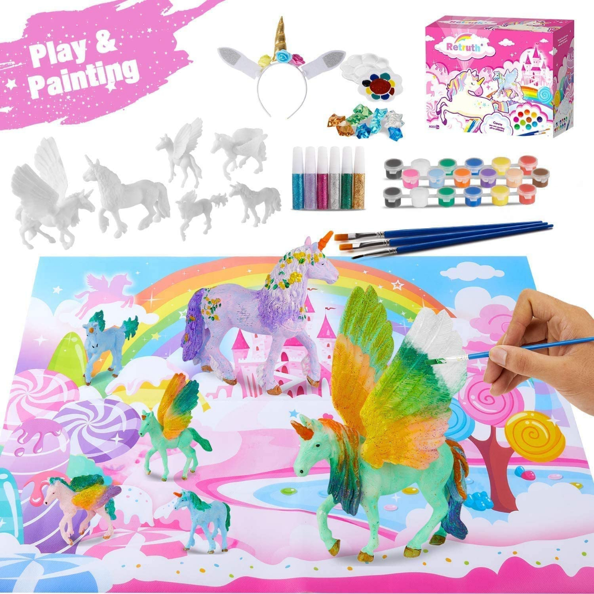 Retruth Kids Unicorn Painting Kits w/ Unicorn Hairband, Kids Painting Toys for Girls, Kids Unicorn Arts and Crafts with Glitter Pigment Painting Kits for Age 4 5 6 7 8, DIY Paint Your Own Unicorn