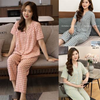 Bộ đồ nữ mặc nhà ngắn tay kẻ caro cao cấp mềm mịn, mát