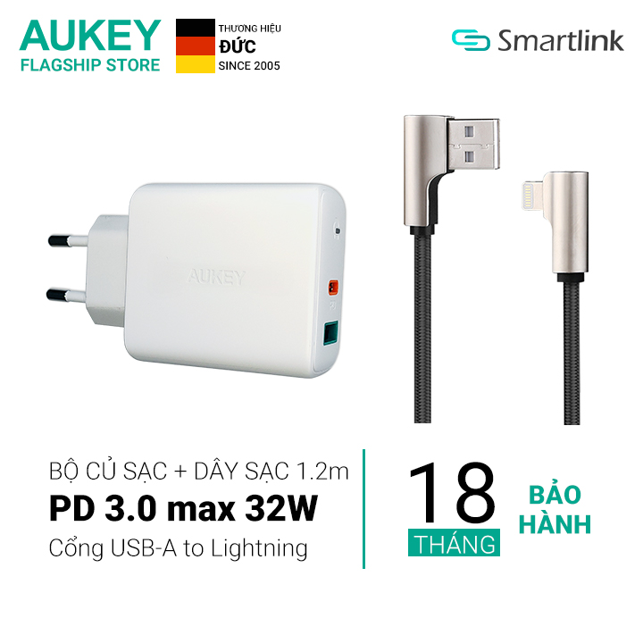 Combo củ kèm cáp sạc nhanh aukey pa-d1 và cb-bal6 chuẩn pd - bảo hành 18 tháng