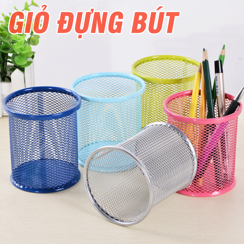 Giỏ đựng bút văn phòng để bàn - ống đựng bút kim loại lưới sắt hình tròn