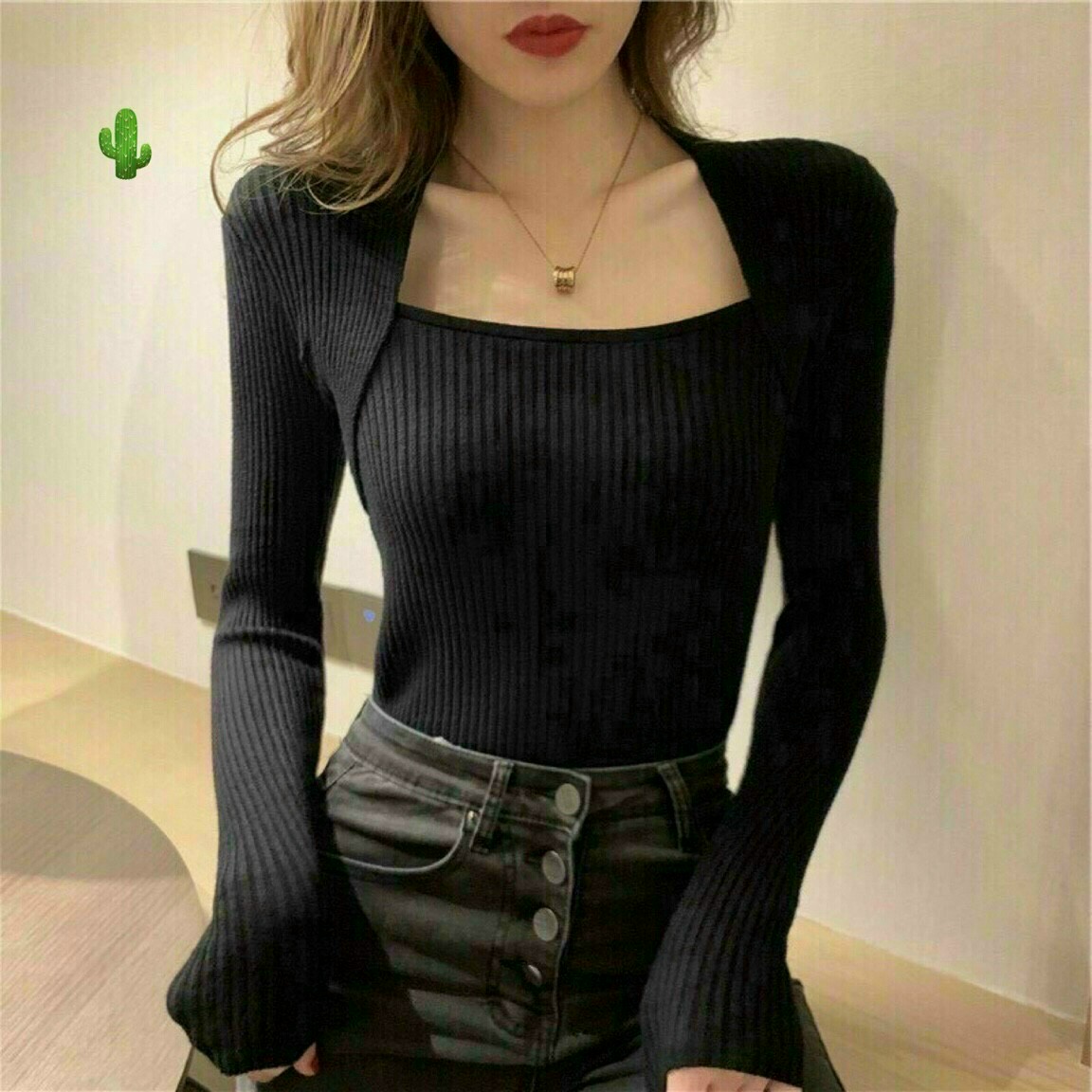 Áo thun gân tay dài cổ kiểu