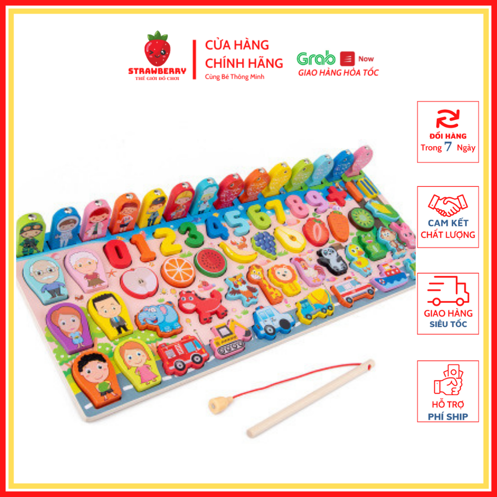 Đồ chơi phát triển trí tuệ bằng gỗ 7 trong 1 Bảng học chữ số đếm ghép hình học, động vật, câu cá cho bé Strawberry