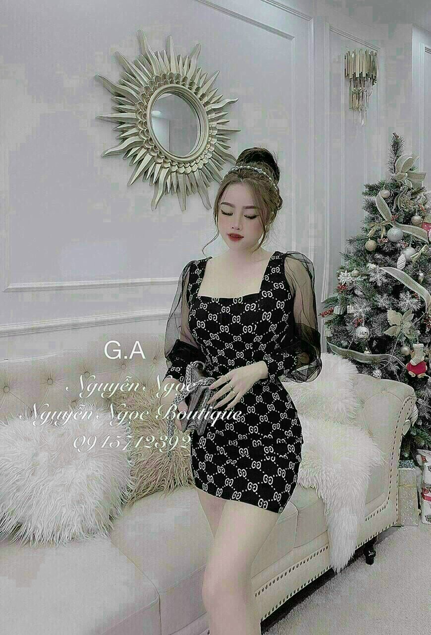 Đầm gu xì tay phối lưới cổ vuông siêu xinh như minh tinh