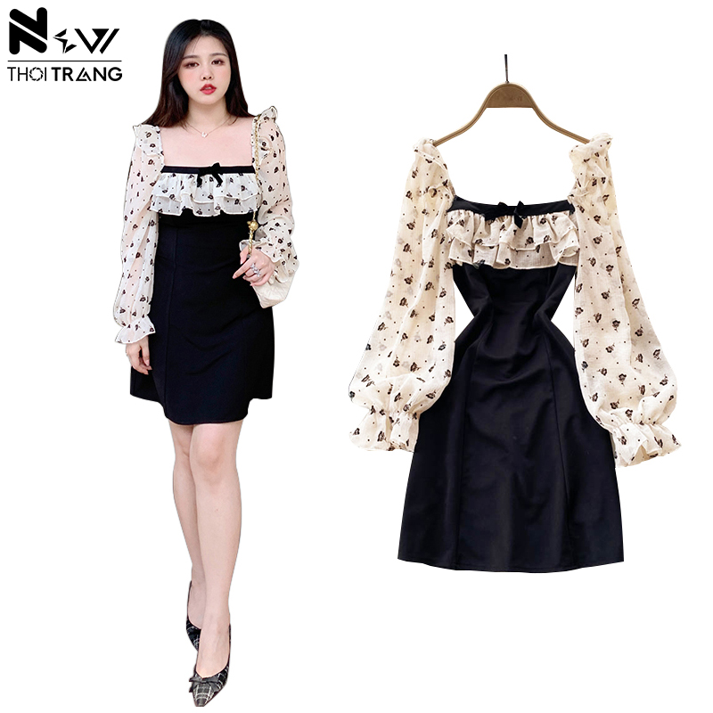 Đầm Suông In Hoa Cổ Bèo Đính Nơ - New Thoi Trang