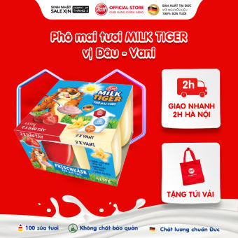 Phô mai tươi Zott Milk Tiger vị Dâu - Vani nhập khẩu từ Đức, cho bé 6 tháng trở lên (vỉ – 50g x 4 hũ), có bộ đôi Canxi - Vitamin D