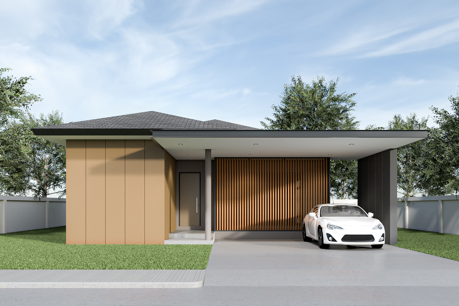 แบบบ้านและโมเดลบ้าน(sketch up) พร้อมก่อสร้างได้ทันที รุ่น BROWN HOUSE : 3 ห้องนอน 3 ห้องน้ำ 2 ที่จอดรถ พื้นที่ 175 ตร.ม (ส่งไฟล์ให้ทางอีเมล์)