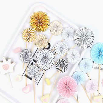 Topper/ que cắm quạt giấy đủ màu trang trí bánh kem (Set 4 cái)